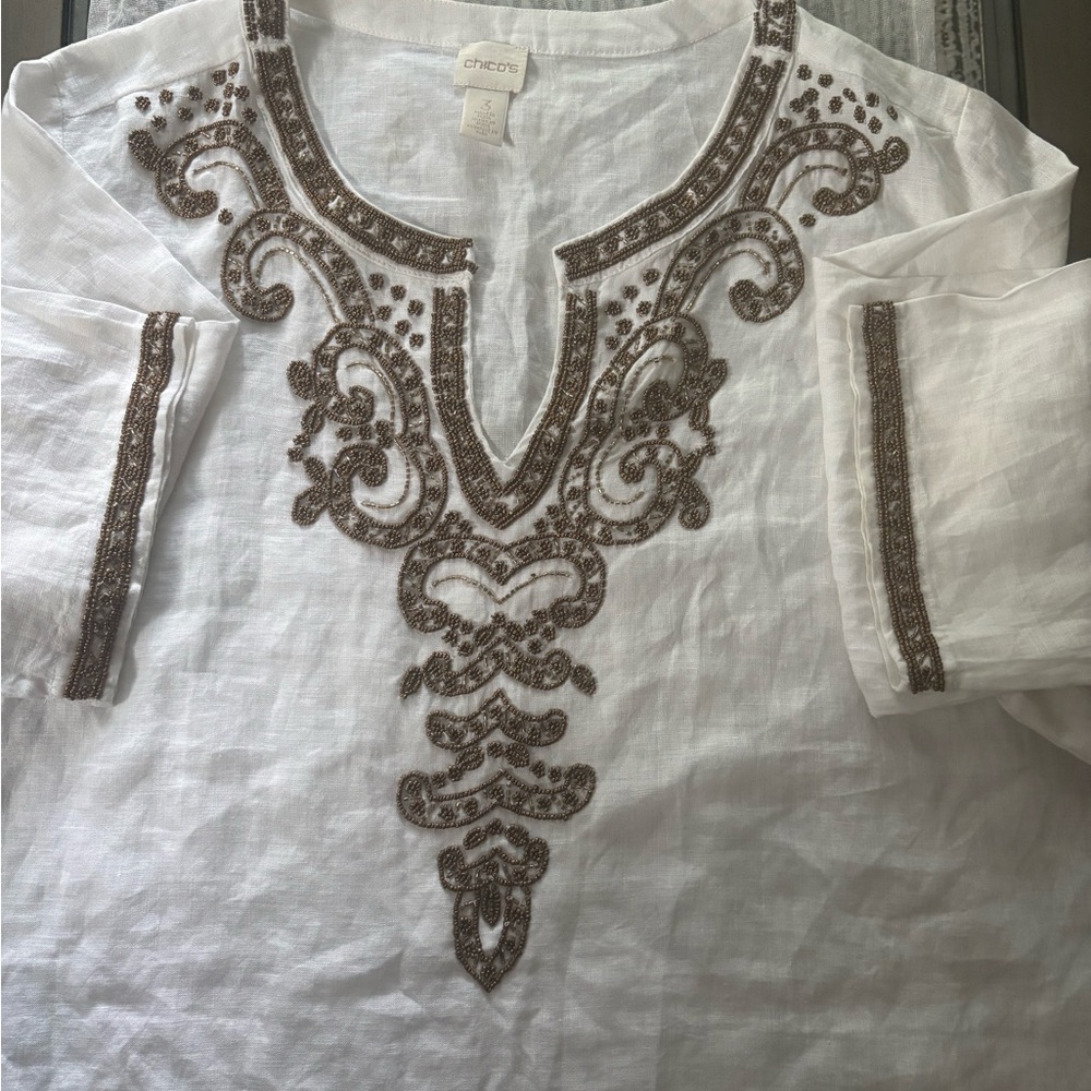 Chicos White Tunic with Brown Embroidery